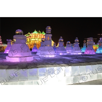 Ice Sculptures of Giant Chess Pieces at the Harbin Ice and Snow Festival in Harbin