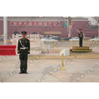 Soldiers Standing Guard at the Base of the Flagpole in Tiananmen Square in Beijing