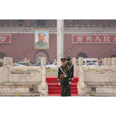 Soldiers Changing the Guard at the Base of the Flagpole in Tiananmen Square in Beijing