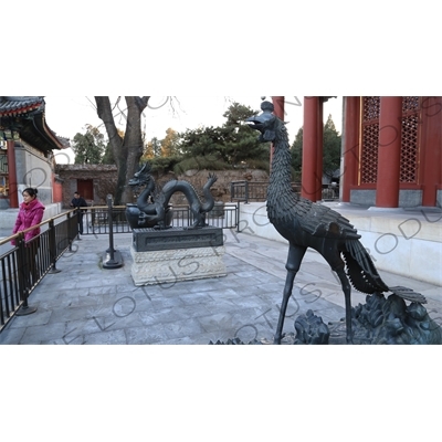 Bronze Statues of a Phoenix and Dragon outside the Hall of Benevolence and Longevity (Renshoudian) in the Summer Palace in Beijing