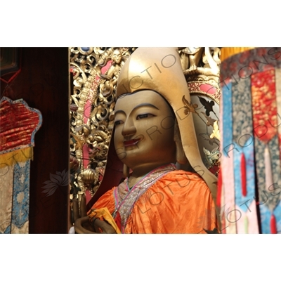 Tsongkhapa (Zongge Shanhuicheng), Founder of Yellow Hat sect of Tibetan Buddhism, in Hall of the Wheel of the Law (Falun Dian) in the Lama Temple in Beijing