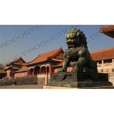 Guardian Lion and Gate of Correct Conduct (Zhendu Men) in the Forbidden City in Beijing