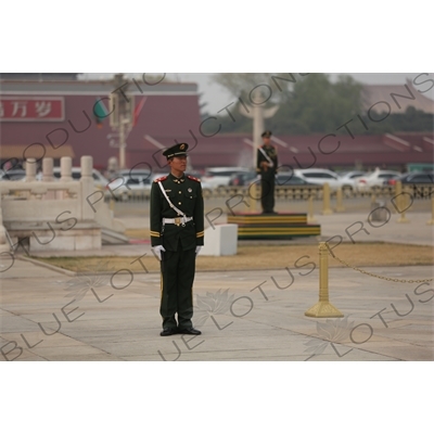 Soldiers Standing Guard at the Base of the Flagpole in Tiananmen Square in Beijing