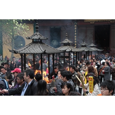 People Burning Incense in Lingyin Temple (Lingyin Si) beside West Lake (Xihu) in Hangzhou