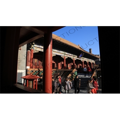 Hall of Peace and Harmony, also known as the Three Buddhas/Hall of the Past, Present and Future Buddhas in the Lama Temple in Beijing