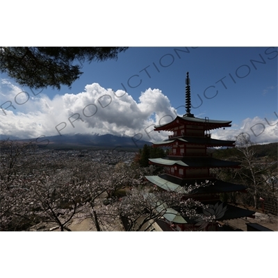 Chureito Pagoda with Fujiyoshida and Mount Fuji in the Background