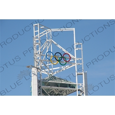 Olympic Rings atop the Linglong Pagoda/Tower (Linglong Ta) in the Olympic Park in Beijing