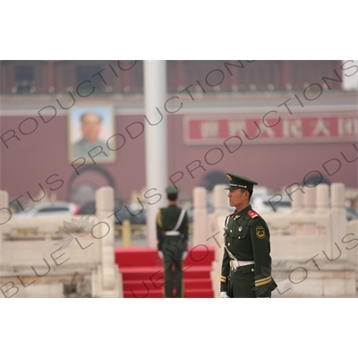 Soldiers Standing Guard at the Base of the Flagpole in Tiananmen Square in Beijing