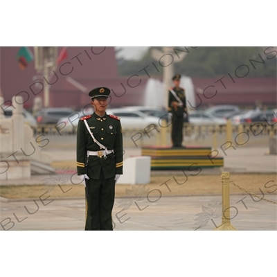 Soldiers Standing Guard at the Base of the Flagpole in Tiananmen Square in Beijing