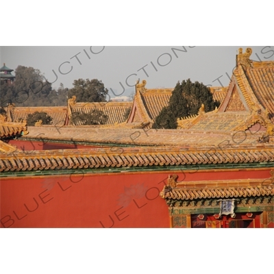 Forbidden City Roofs/Roove and Zhoushang Pavilion (Zhoushang Ting) in Jingshan Park in Beijing