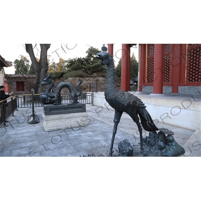 Bronze Statues of a Phoenix and Dragon outside the Hall of Benevolence and Longevity (Renshoudian) in the Summer Palace in Beijing