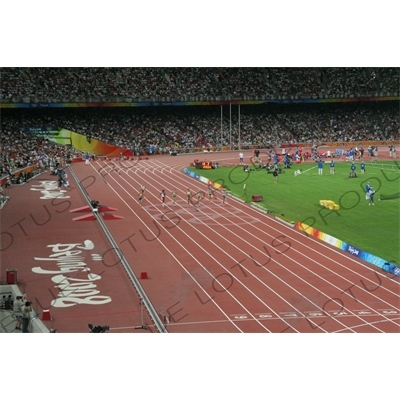 Athletes in a Women's 100 Metres Heat in the Bird's Nest/National Stadium (Niaochao/Guojia Tiyuchang) in the Olympic Park in Beijing