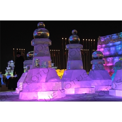 Ice Sculptures of Giant Chess Pieces at the Harbin Ice and Snow Festival in Harbin