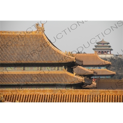 Forbidden City Roofs/Rooves and Wanchun Pavilion/Pavilion of Everlasting Spring/Pavilion of 10,000 Springs (Wanchun Ting) in Jingshan Park in Beijing
