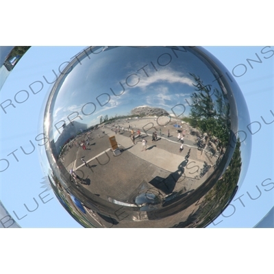 Reflection of the Olympic Park/Olympic Green (Aolinpike Gongyuan) in a Sculpture in the Olympic Park in Beijing