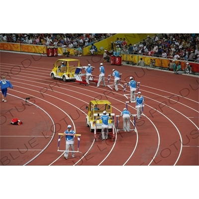 Hurdles Being Set Out in the Bird's Nest/National Stadium (Niaochao/Guojia Tiyuchang) in the Olympic Park in Beijing