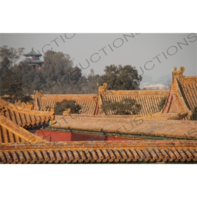 Forbidden City Roofs/Rooves and Zhoushang Pavilion (Zhoushang Ting) in Jingshan Park in Beijing