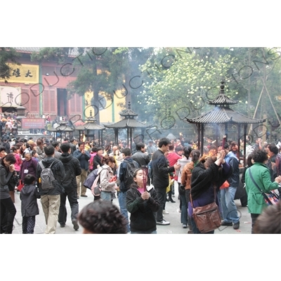 People Burning Incense in Lingyin Temple (Lingyin Si) beside West Lake (Xihu) in Hangzhou