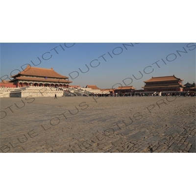 Square of Supreme Harmony, Hall of Supreme Harmony, Pavilion of Embodying Benevolence and Left Wing Gate in the Forbidden City in Beijing