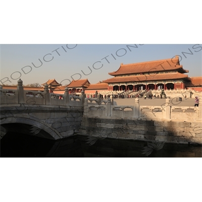 Gate of Supreme Harmony (Taihe Men), the Gate of Correct Conduct and the Inner Golden Water Bridge (Nei Jinshui Qiao) in the Forbidden City in Beijing