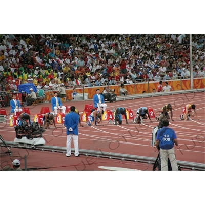 Athletes at the Start of a Men's 100 Metres Heat in the Bird's Nest/National Stadium (Niaochao/Guojia Tiyuchang) in the Olympic Park in Beijing