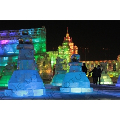 Ice Sculptures of Giant Chess Pieces at the Harbin Ice and Snow Festival in Harbin