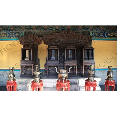 Divine Tablets and Ceremonial Objects inside the East Annex Hall of the Imperial Vault of Heaven (Huang Qiong Yu) in the Temple of Heaven in Beijing