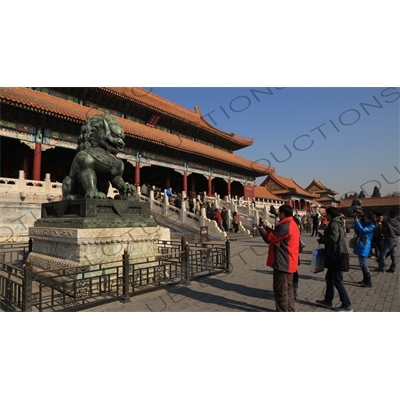 Guardian Lion in front of the Gate of Supreme Harmony (Taihe Men) in the Forbidden City in Beijing