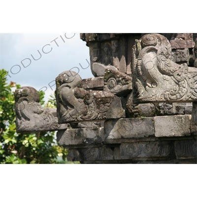 Carved Water Spouts on the side of Buildings at Prambanan Temple Compound near Yogyakarta