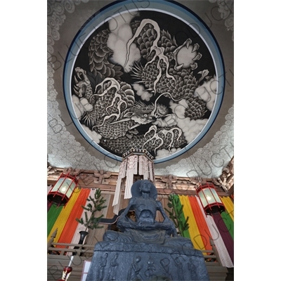 Interior of the Hatto with a Buddha Statue and the Dragon Ceiling in Kencho-ji in Kamakura