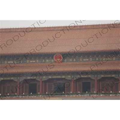 Communist Party of China Insignia above the Gate of Heavenly Peace (Tiananmen) in Tiananmen Square in Beijing