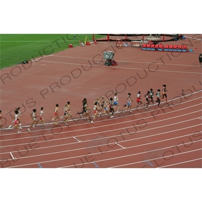 Athletes in a Women's 3,000 Metre Steeplechase Heat in the Bird's Nest/National Stadium (Niaochao/Guojia Tiyuchang) in the Olympic Park in Beijing