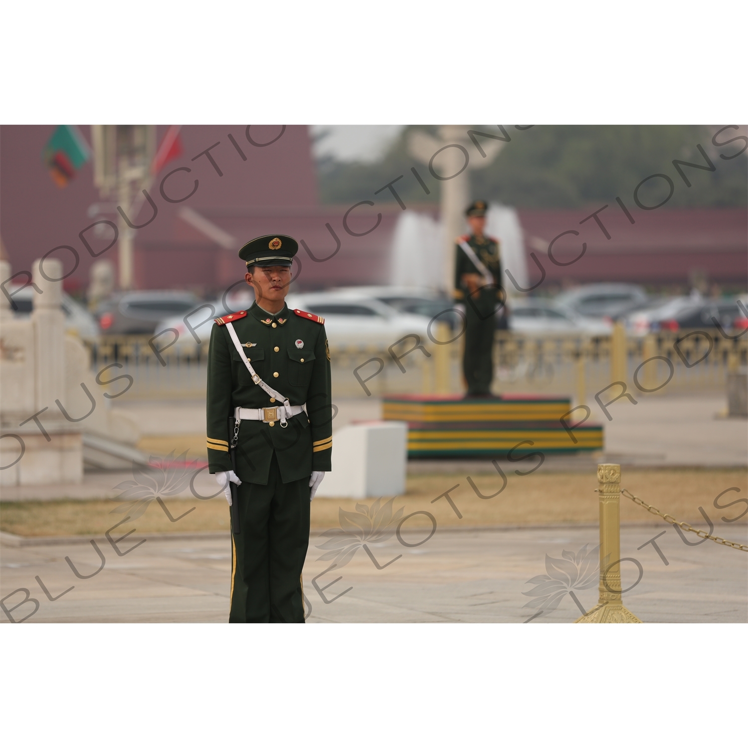 Soldiers Standing Guard at the Base of the Flagpole in Tiananmen Square in Beijing