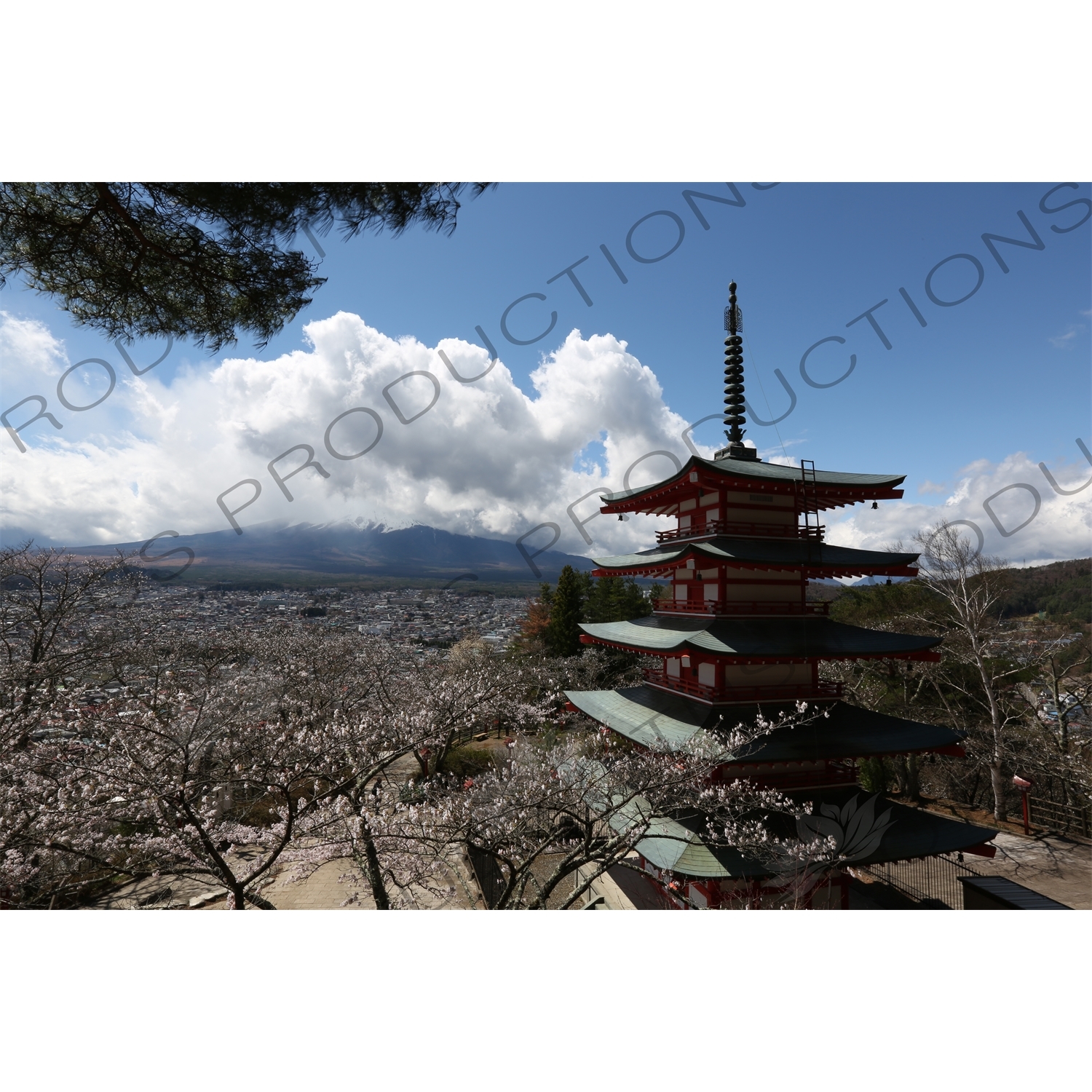 Chureito Pagoda with Fujiyoshida and Mount Fuji in the Background