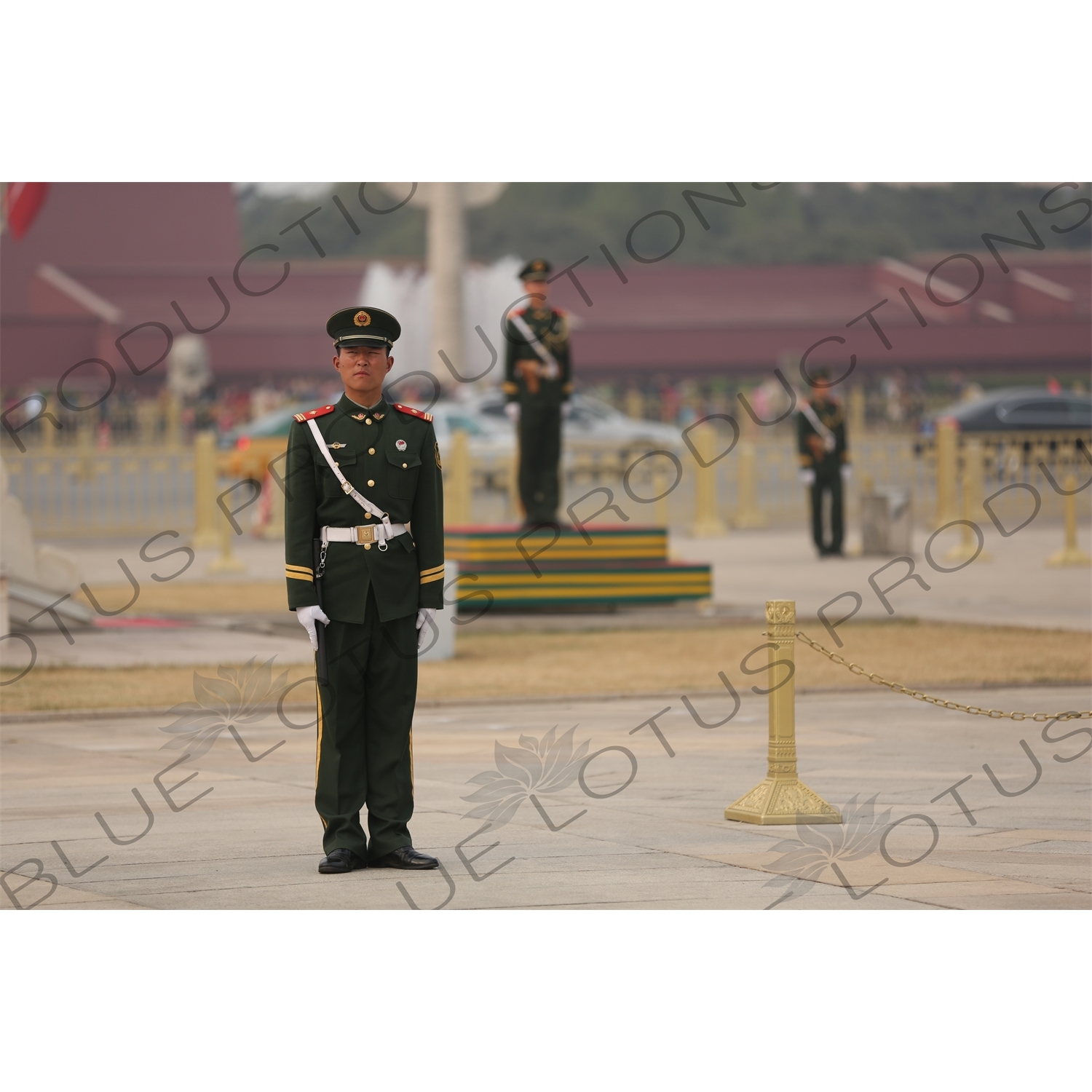 Soldiers Standing Guard at the Base of the Flagpole in Tiananmen Square in Beijing