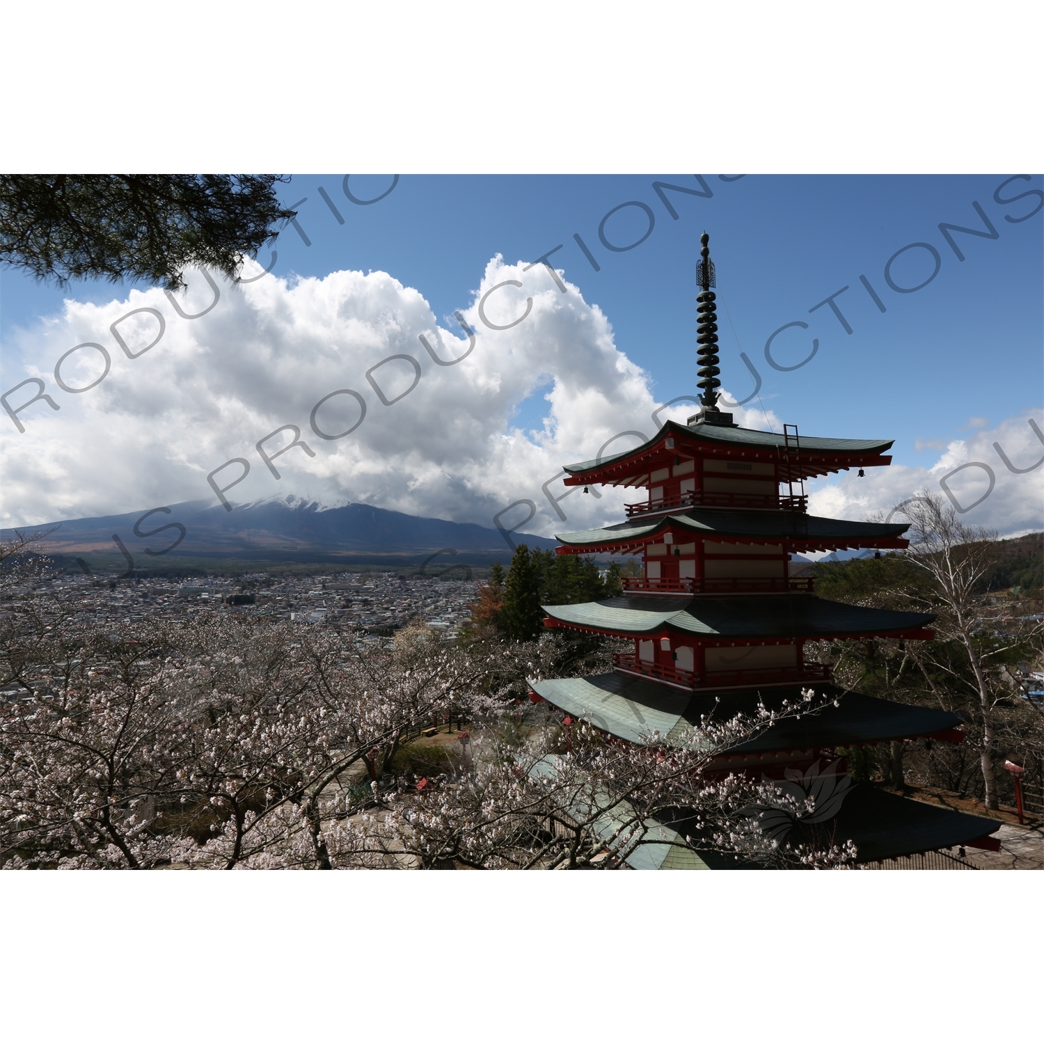 Chureito Pagoda with Fujiyoshida and Mount Fuji in the Background