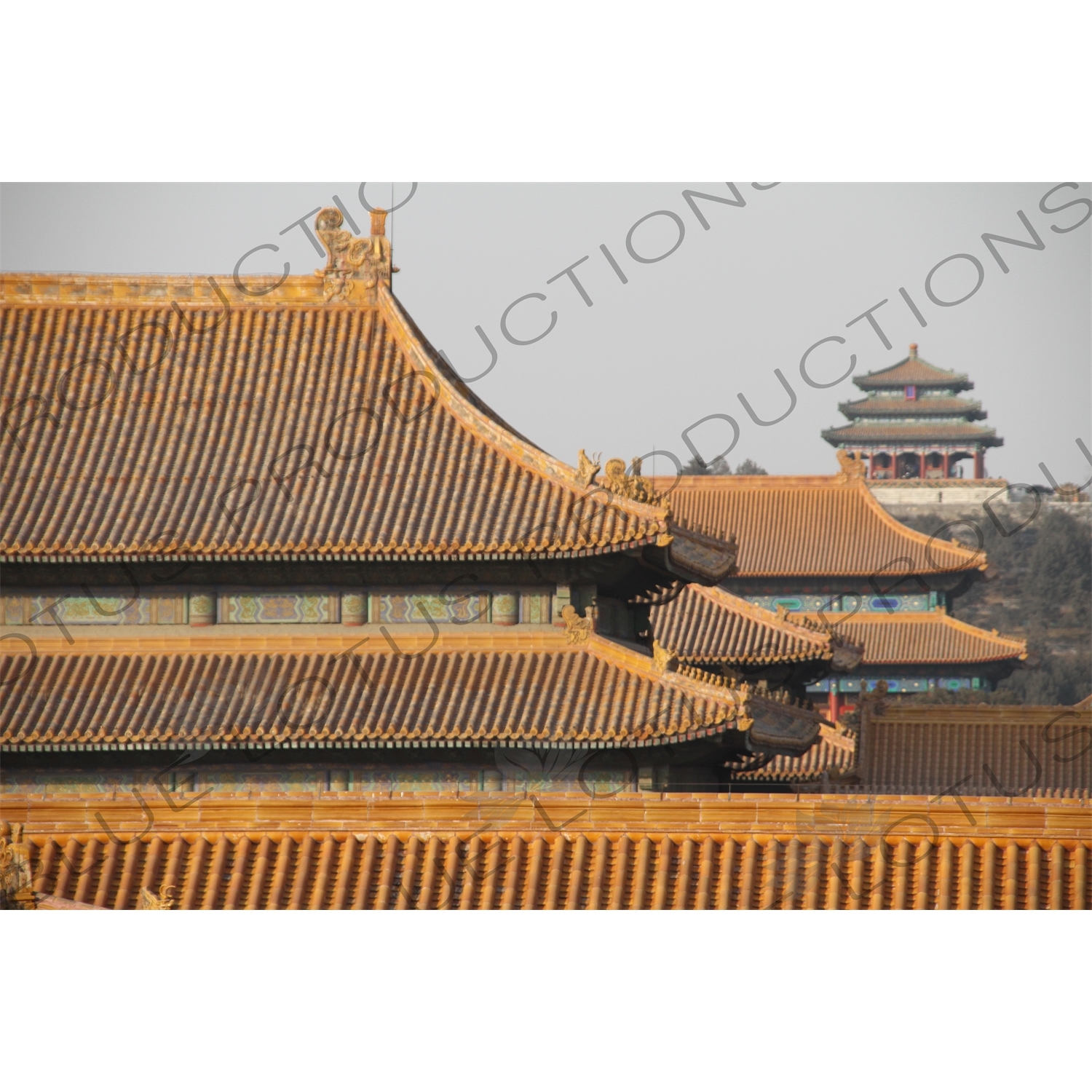 Forbidden City Roofs/Rooves and Wanchun Pavilion/Pavilion of Everlasting Spring/Pavilion of 10,000 Springs (Wanchun Ting) in Jingshan Park in Beijing