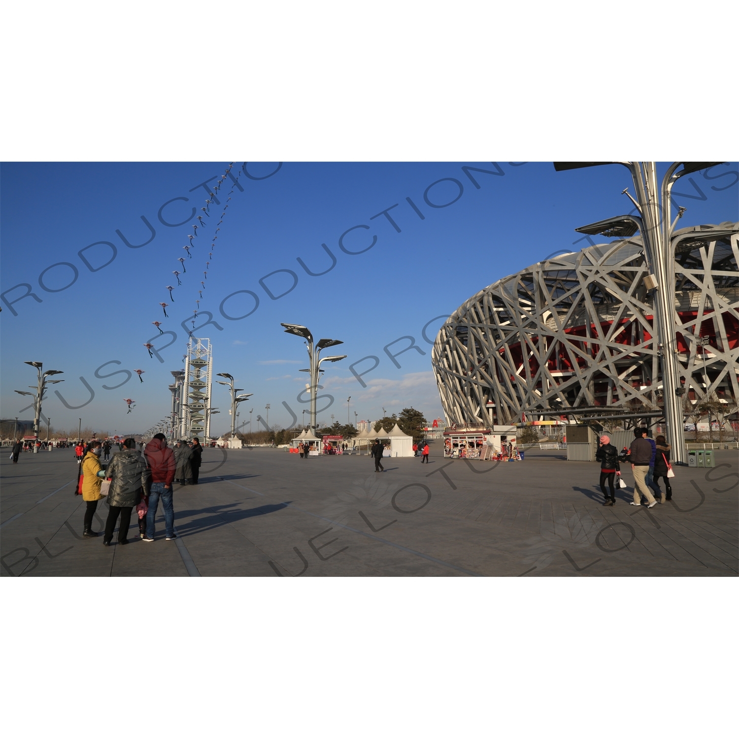 Kites Flying in front of the Bird's Nest/National Stadium (Niaochao/Guojia Tiyuchang) in the Olympic Park in Beijing