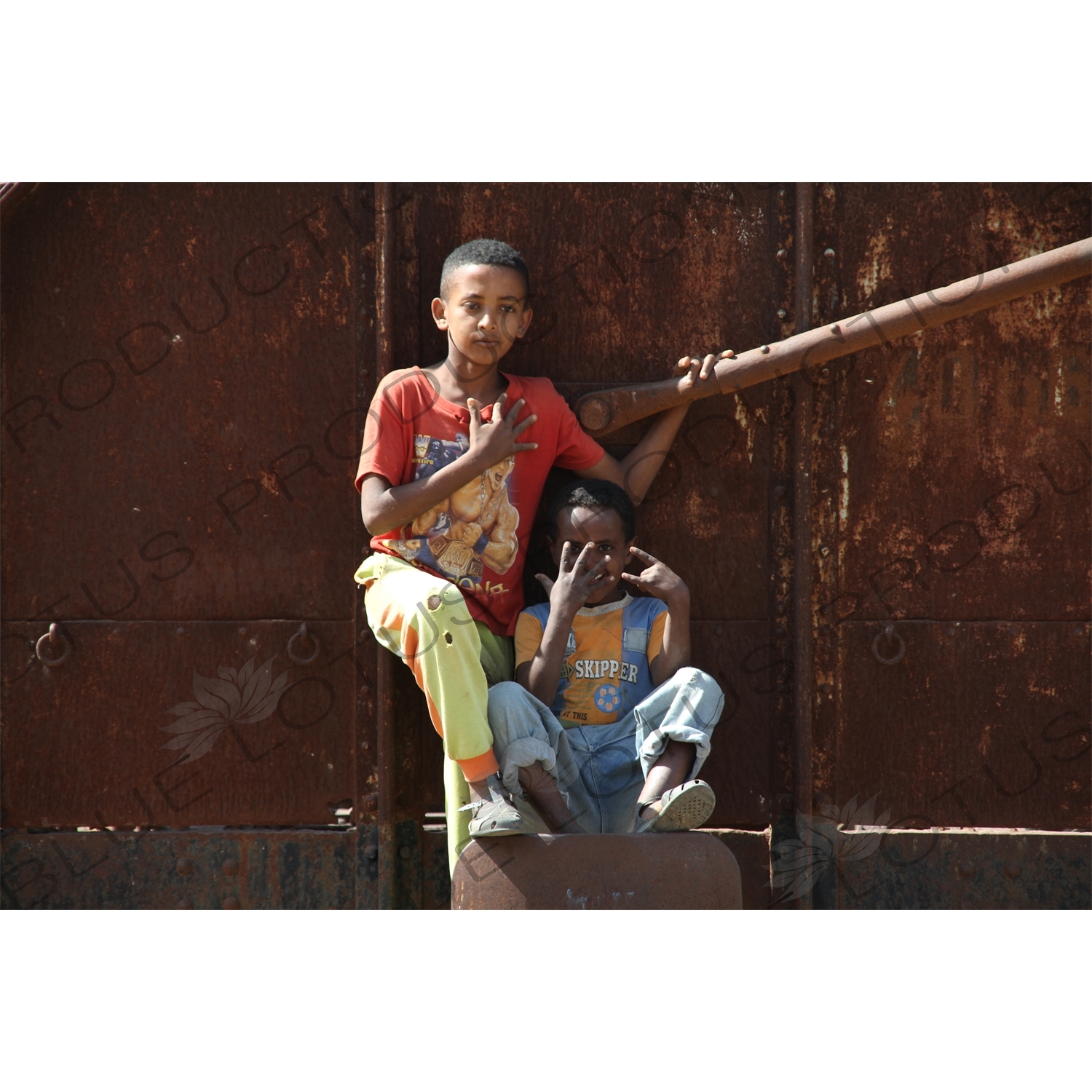 Children Playing on Old Railway Cars in a Station along the Asmara to Massawa Railway Line