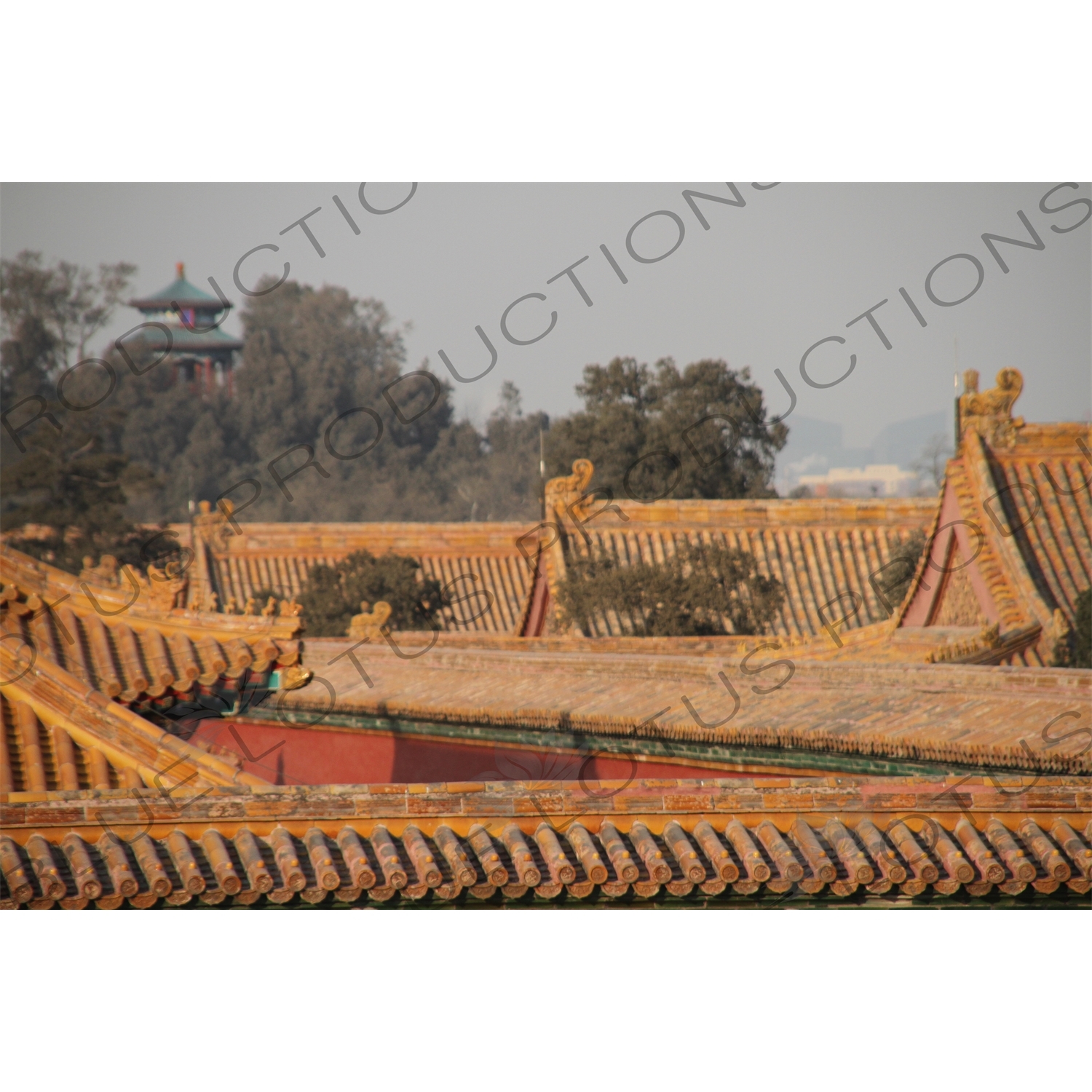 Forbidden City Roofs/Rooves and Zhoushang Pavilion (Zhoushang Ting) in Jingshan Park in Beijing