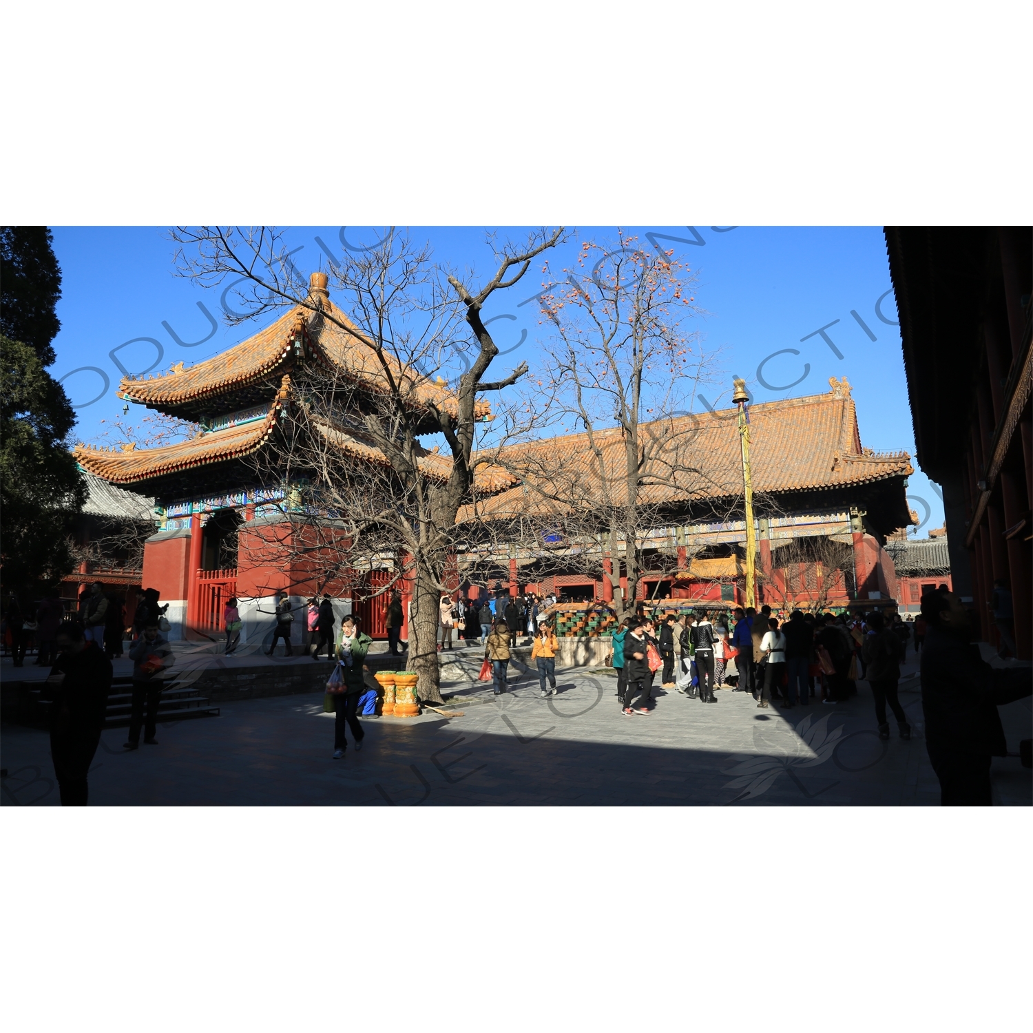 Four Language Stele Pavilion/Imperial Handwriting Pavilion (Sijiaoyu Beiting) and the Hall of Peace and Harmony (Yonghegong Dian) in the Lama Temple in Beijing