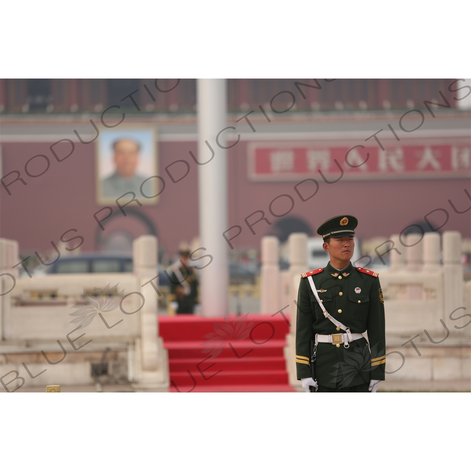 Soldier Standing Guard at the Base of the Flagpole in Tiananmen Square in Beijing