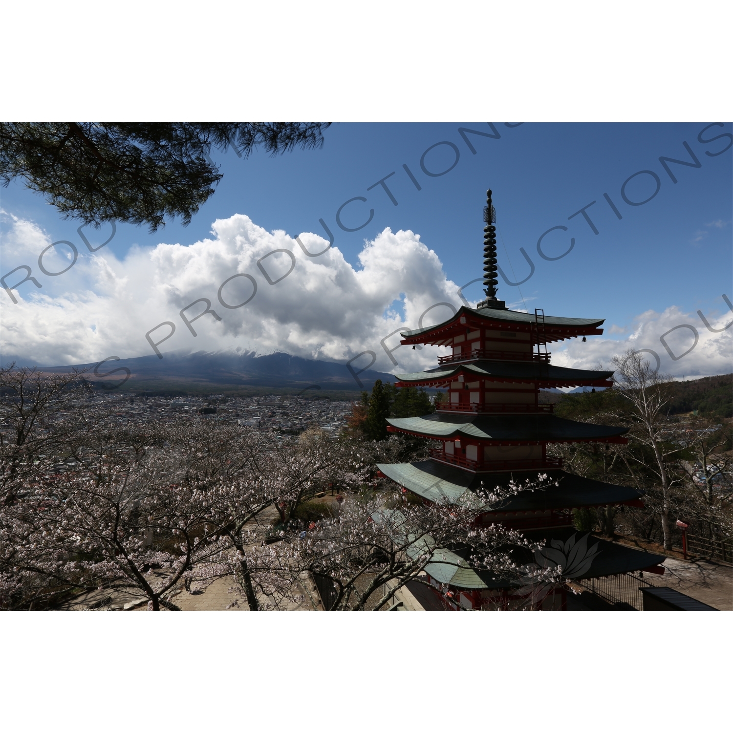 Chureito Pagoda with Fujiyoshida and Mount Fuji in the Background