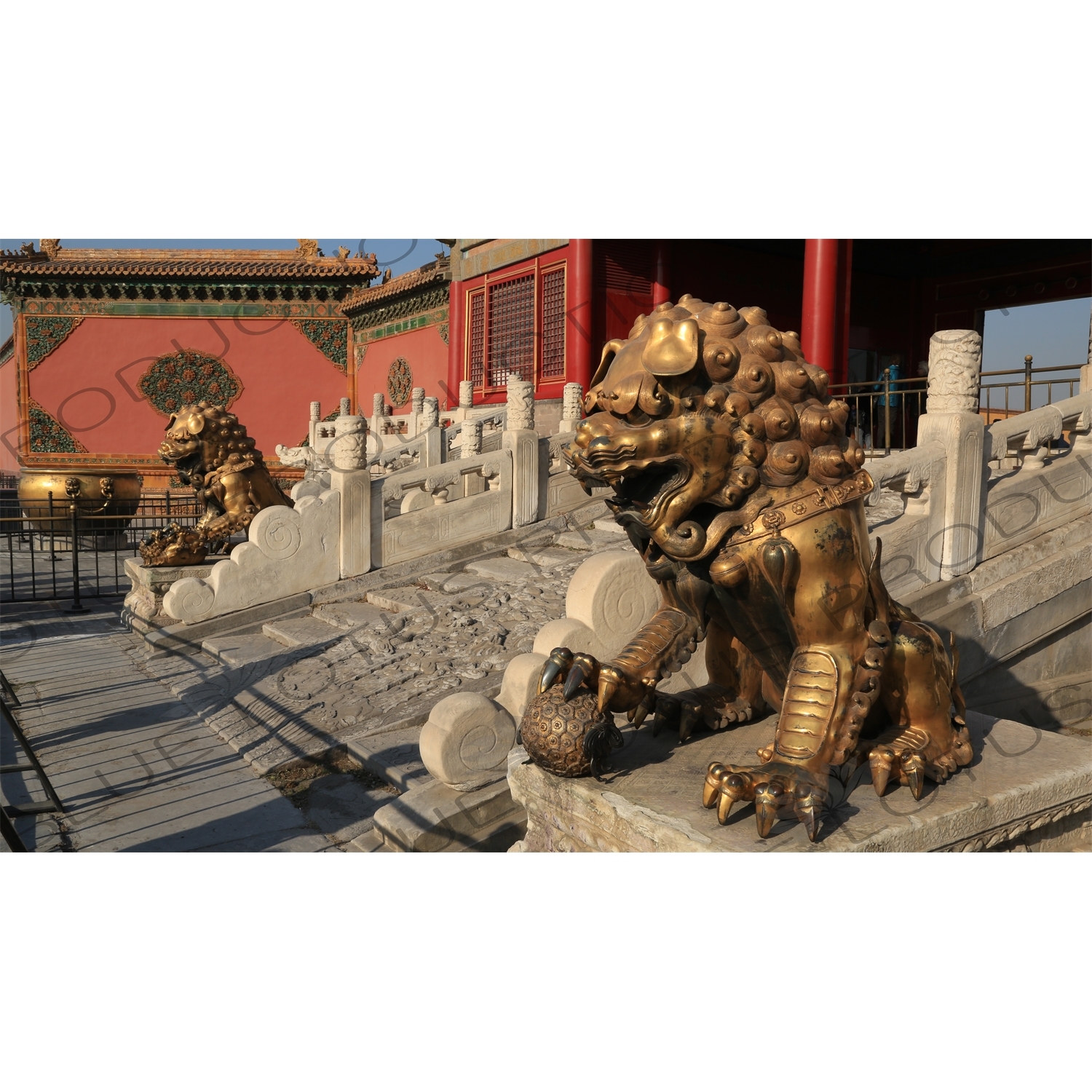 Guardian Lion Statues in front of the Gate of Heavenly Purity (Qianqing Men) in the Forbidden City in Beijing