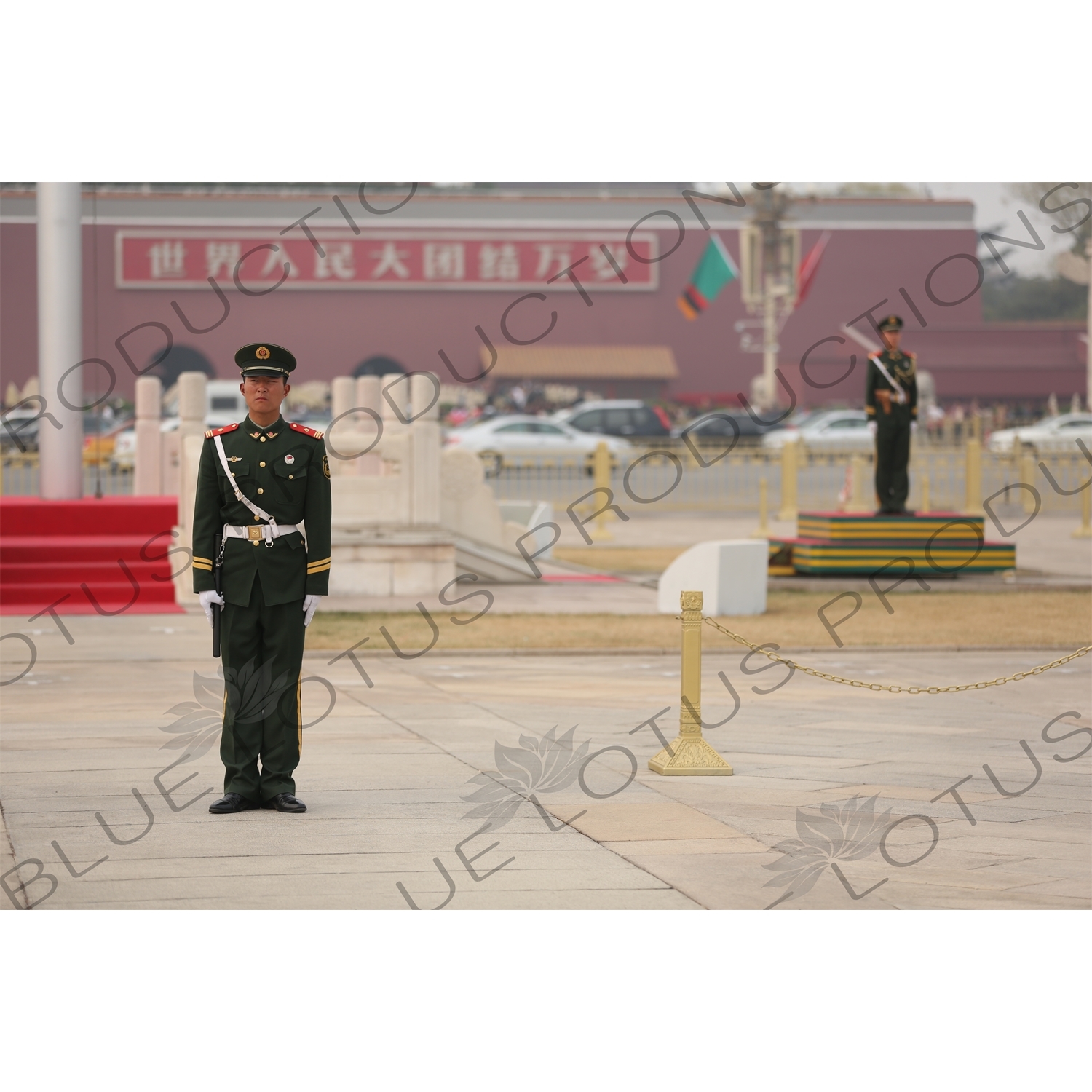 Soldiers Standing Guard at the Base of the Flagpole in Tiananmen Square in Beijing