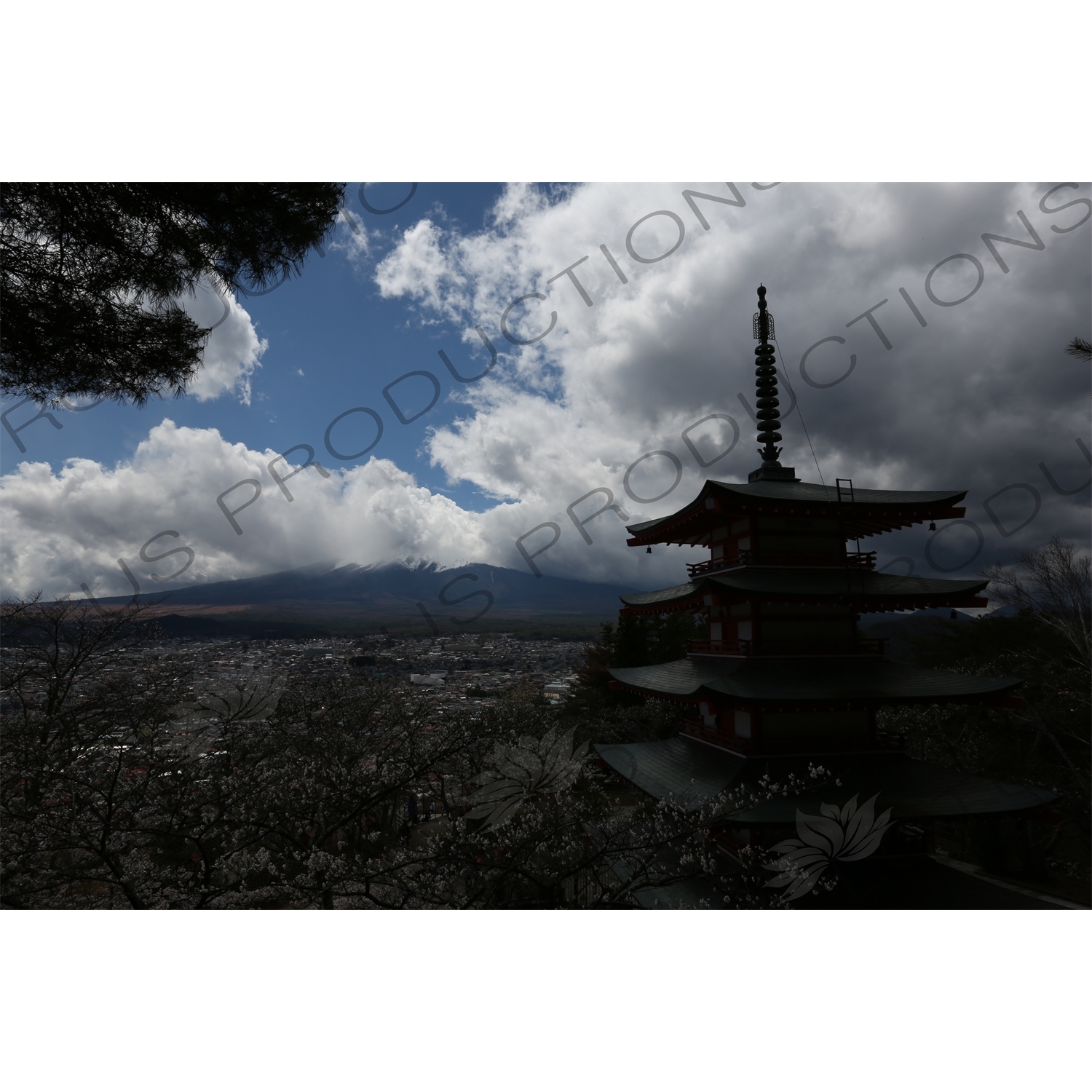 Chureito Pagoda with Fujiyoshida and Mount Fuji in the Background