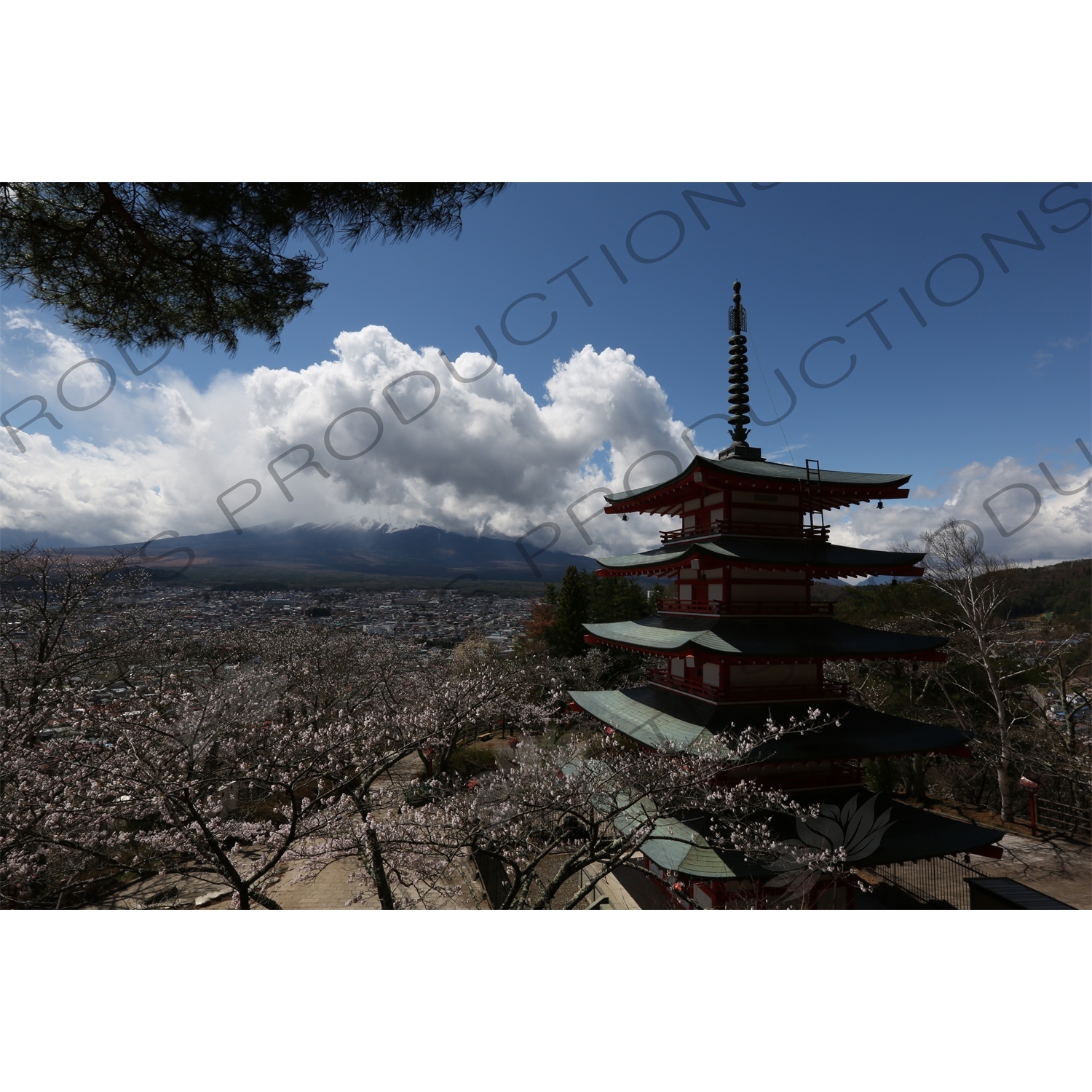 Chureito Pagoda with Fujiyoshida and Mount Fuji in the Background