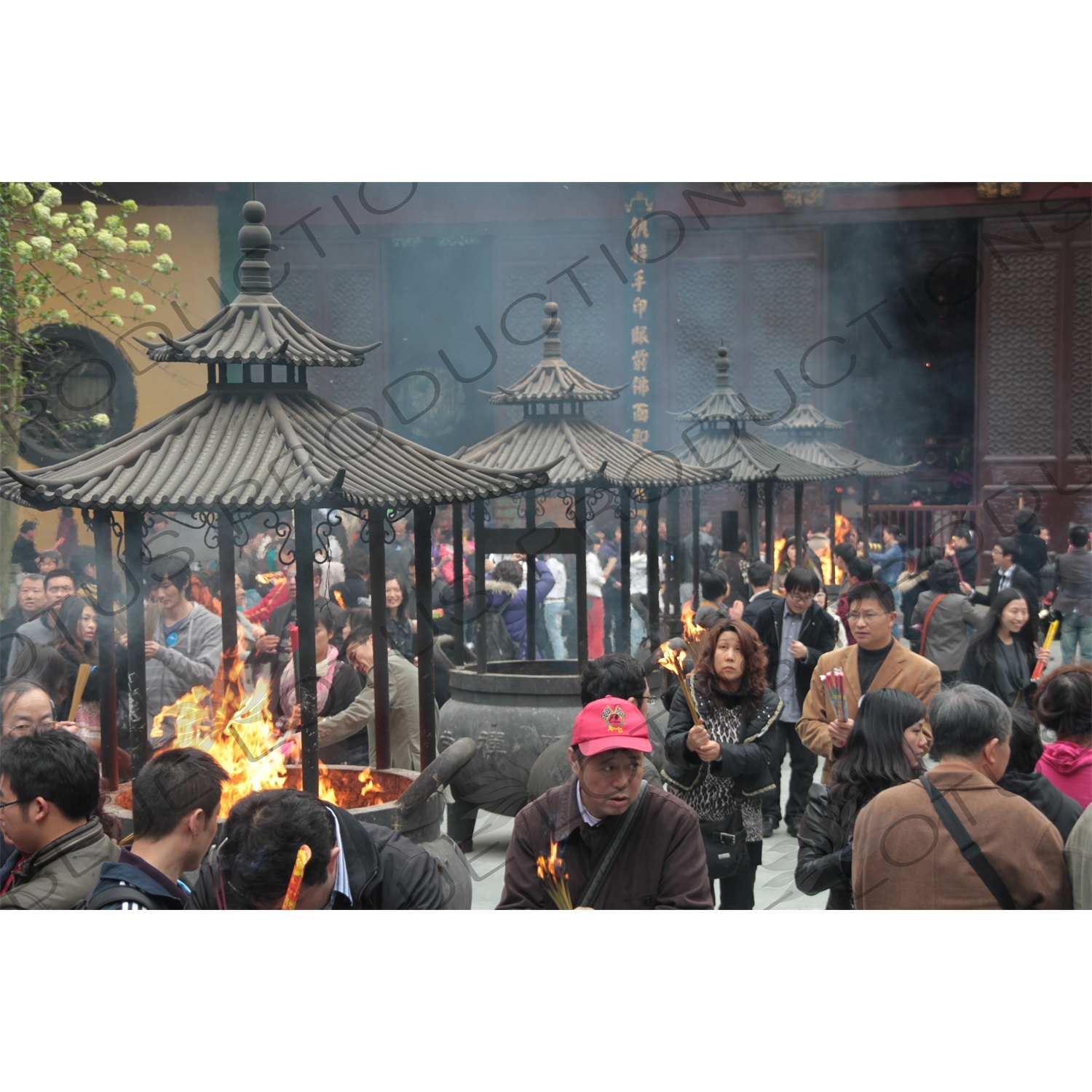 People Burning Incense in Lingyin Temple (Lingyin Si) beside West Lake (Xihu) in Hangzhou