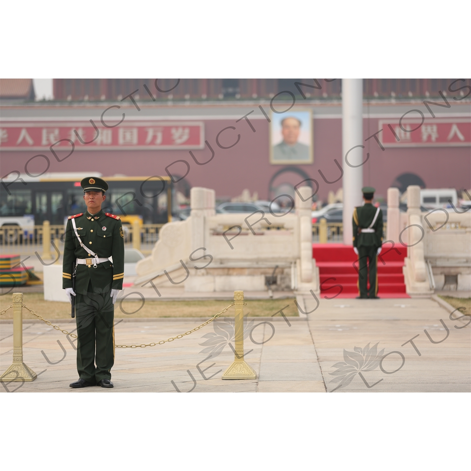 Soldiers Standing Guard at the Base of the Flagpole in Tiananmen Square in Beijing