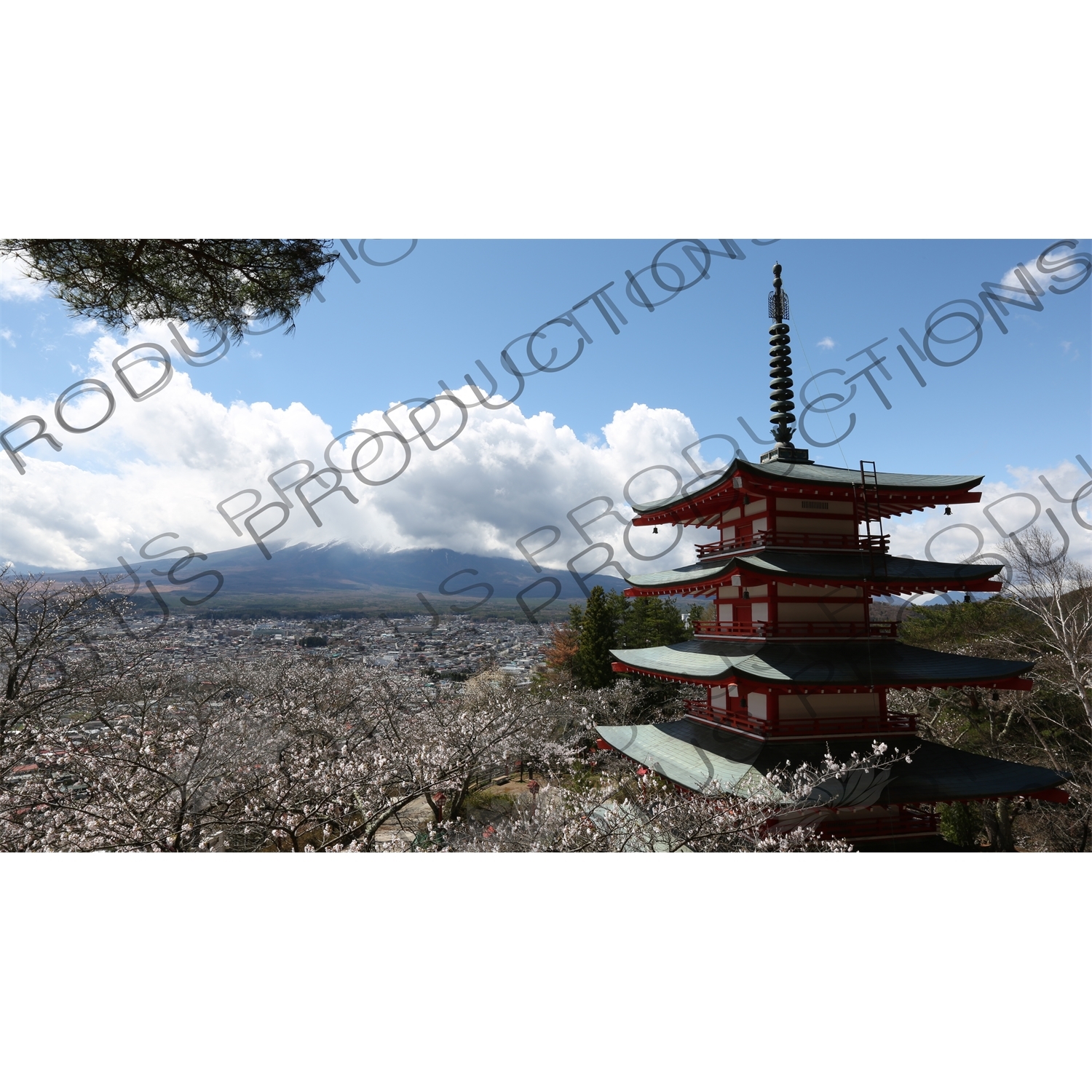 Chureito Pagoda with Fujiyoshida and Mount Fuji in the Background